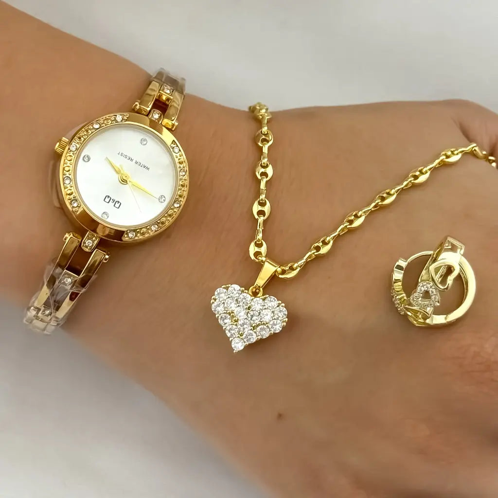 Cadena Tejido Gucci + Corazones Micro Circones + candongas Corazon en Oro Laminado 18k con Garantia de por vida + Reloj Q&Q con Garantia