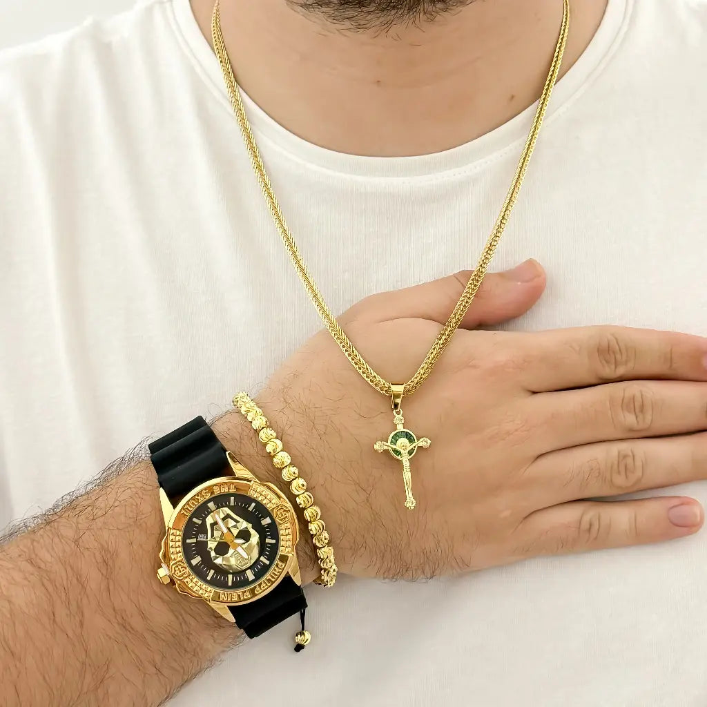 Juego de Cadena Tejido Cubana Cruzada + Dije Cristo San Benito verde + Pulsera Italiana Balin 5mm en Baño de Oro + Reloj Richar Mille con Garantia