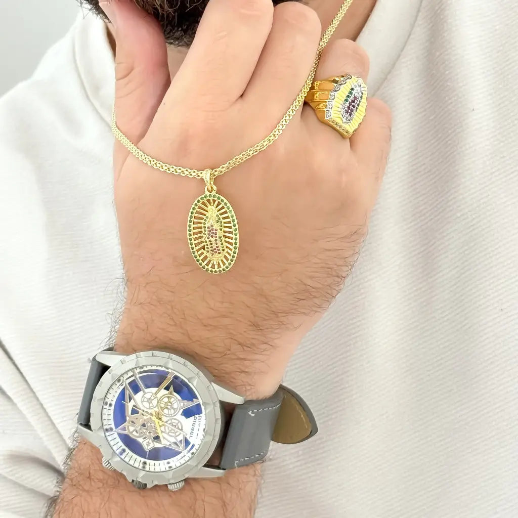 Juego de Virgen de Guadalupe Cadena Tejido Chino 60cm + Virgen Guadalupe Tallada con Micro Circones + Anillo de Virgen Guadalupe en Oro Laminado 18k con Garantia de por vida