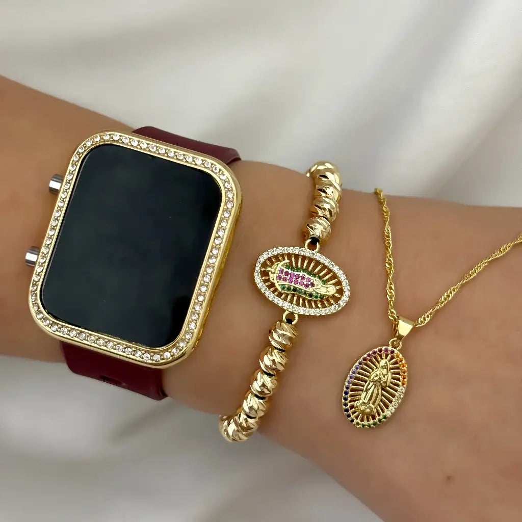 Conjunto Virgen Guadalupe de Colores Cadena + Pulsera en Baño de Oro + Reloj Cuadrado Led con Migro Circones con Garantia