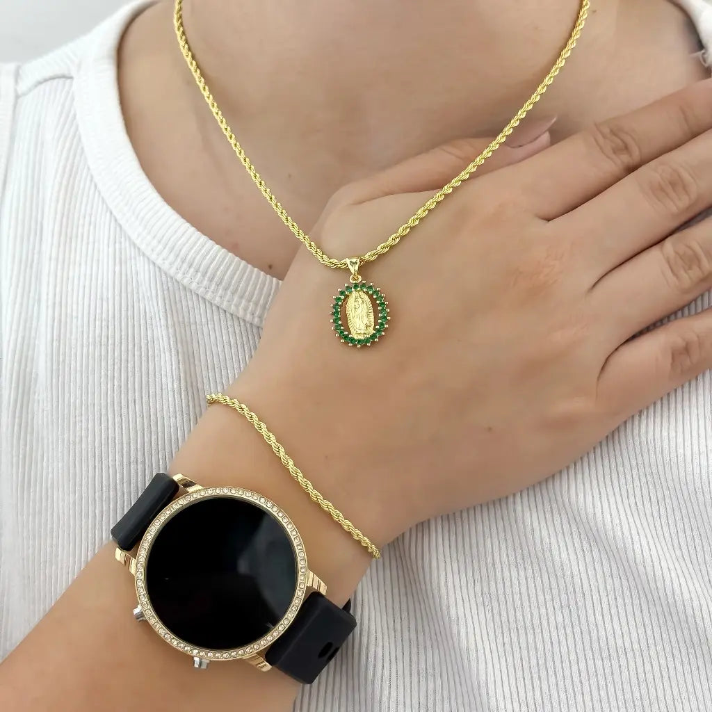 Juego de Cadena Lazo para Dama + Virgen Guadalupe + Pulsera Lazo + Reloj Led con Circones en Baño de Oro de 18k con Garantia de por vida
