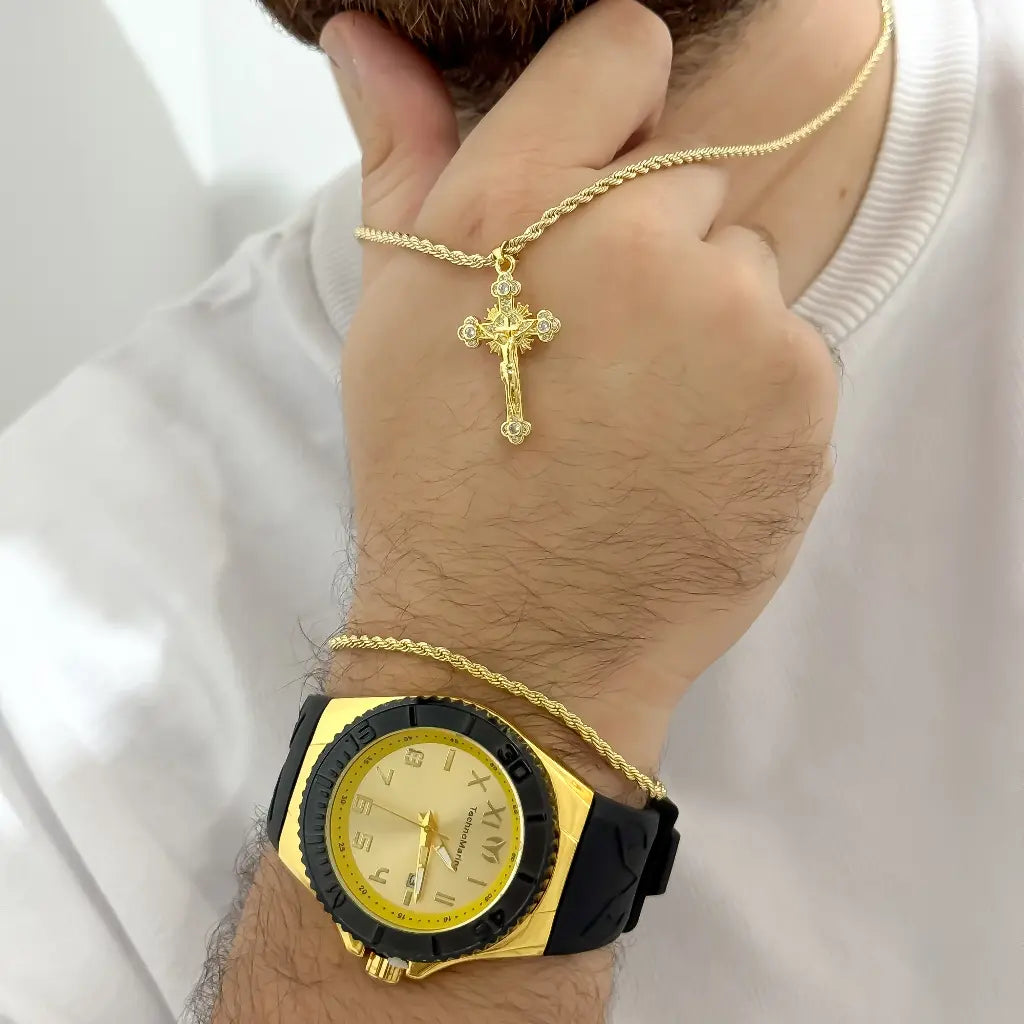 Conjunto Lazo Cadena 60cm + Pulsera Lazo + Cruz Madero en Baño de Oro de 18k + Reloj Technomarine