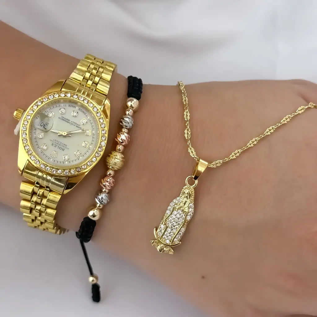Cadena Tejido Crispeta de Dama 45cm + Virgen guadalupe con Circones + Pulsera de 3 Oros Balin italaino en Oro laminado 18k + Reloj de Dama Rolex con Micro circones con Garantia de por vida