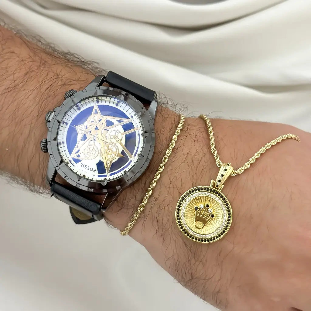 Conjunto Lazo Cadena 60cm -3mm + Dije de Rolex de Circones + Pulsera Lazo en Baño de Oro de 18k con Garantia de por vida + Reloj de Fossil
