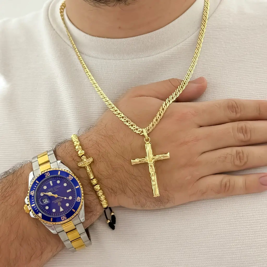Juego de Cadena Cubana Cruzada 60cm + Cristo Madero + Pulsera Cristo Madero Balin italaino de 6mm en Oro Laminado 18k con Garantia de por vida + Reloj Rolex Replica 1.1 con Garantia