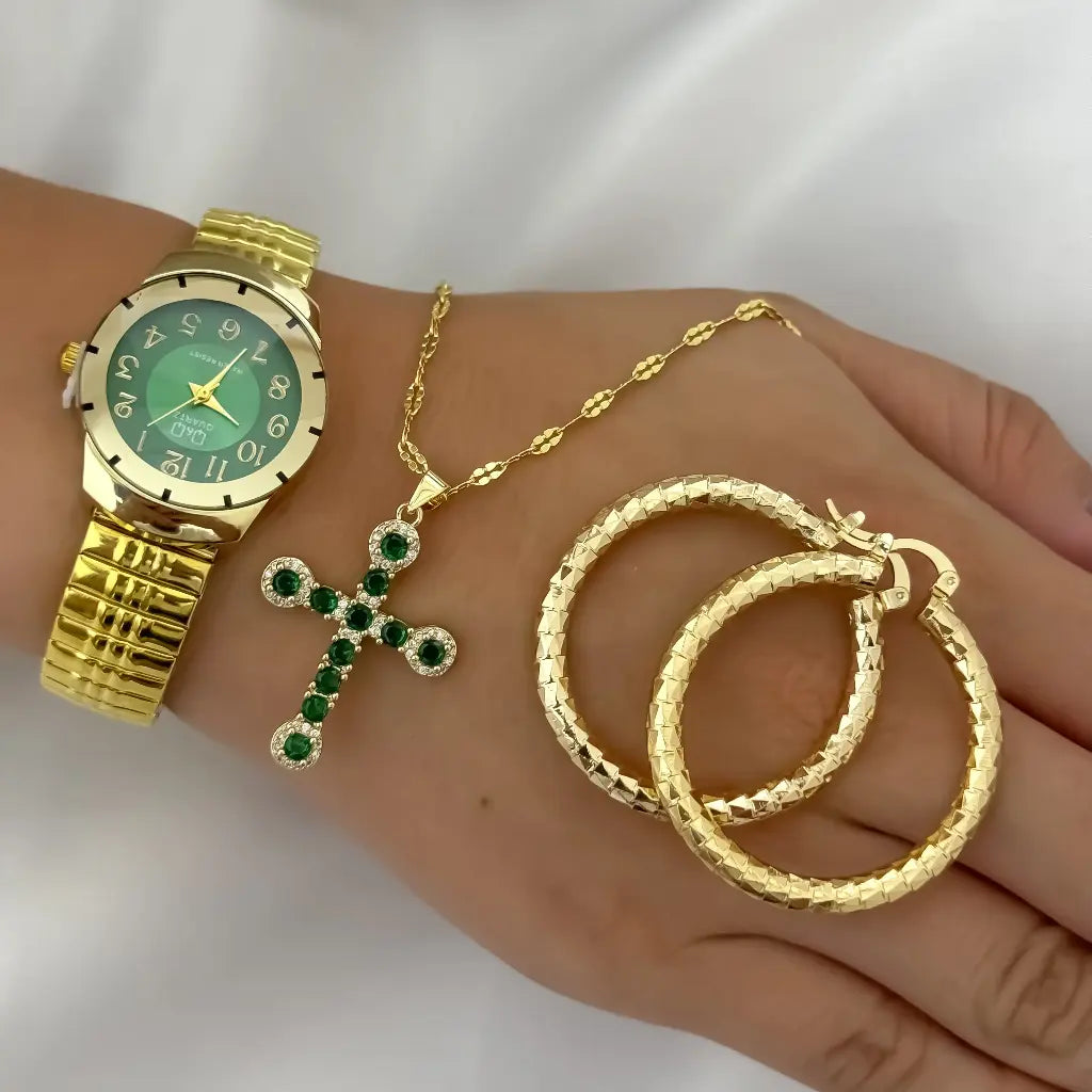 Cadena Tejido Crispeta +Cruz Verde Esmeralda con Micro Circones + Candongas con Destellos en Oro Laminado 18k + Reloj de Dama Alta Gama Q&Q con Garantia de por vida