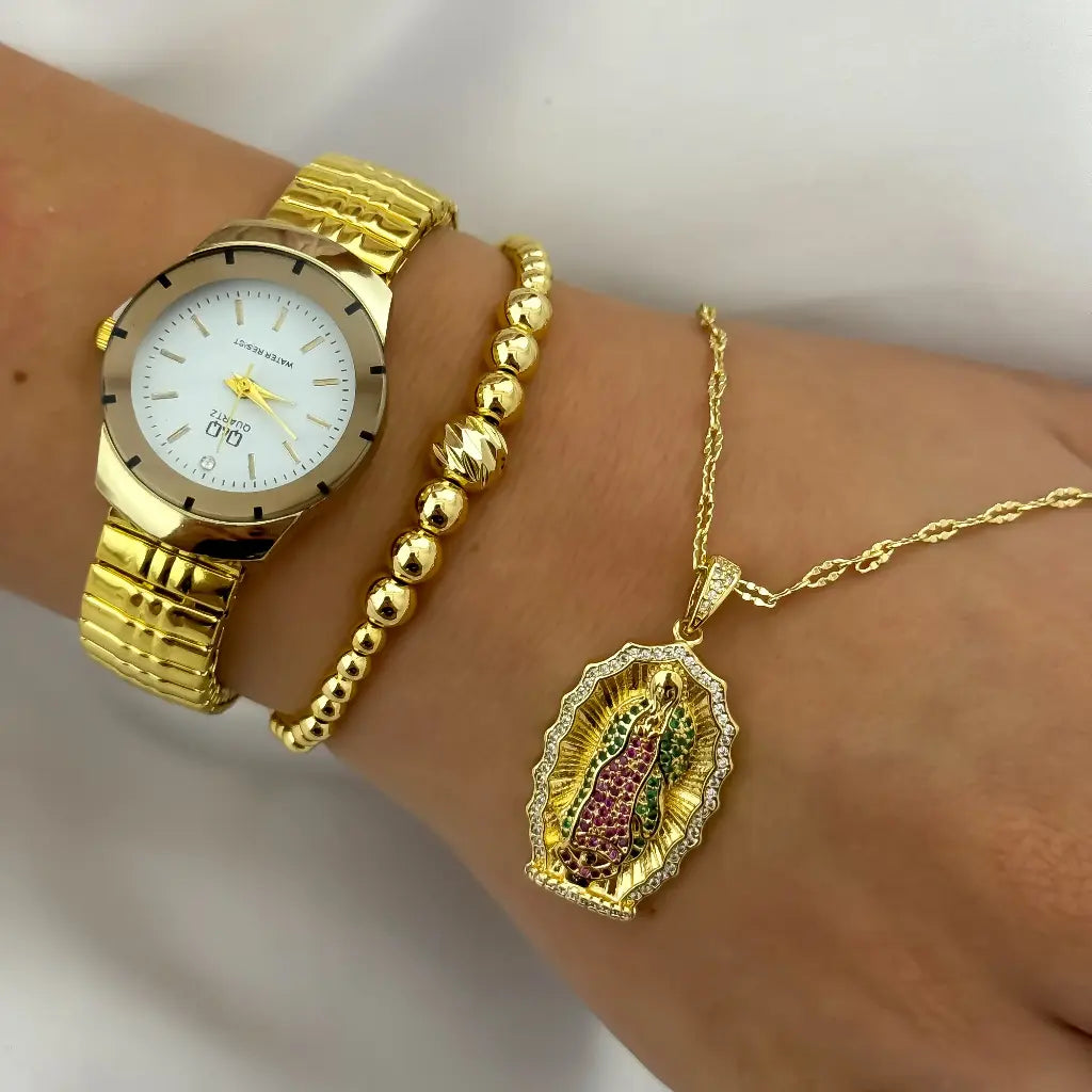 Cadena Tejido Crispeta + Virgen Guadalupe Talla con Micro Circones + Pulser Full Balines 4mm en Oro Laminado 18k + Reloj de Dama Alta Gama Q&Q con Garantia de por vida
