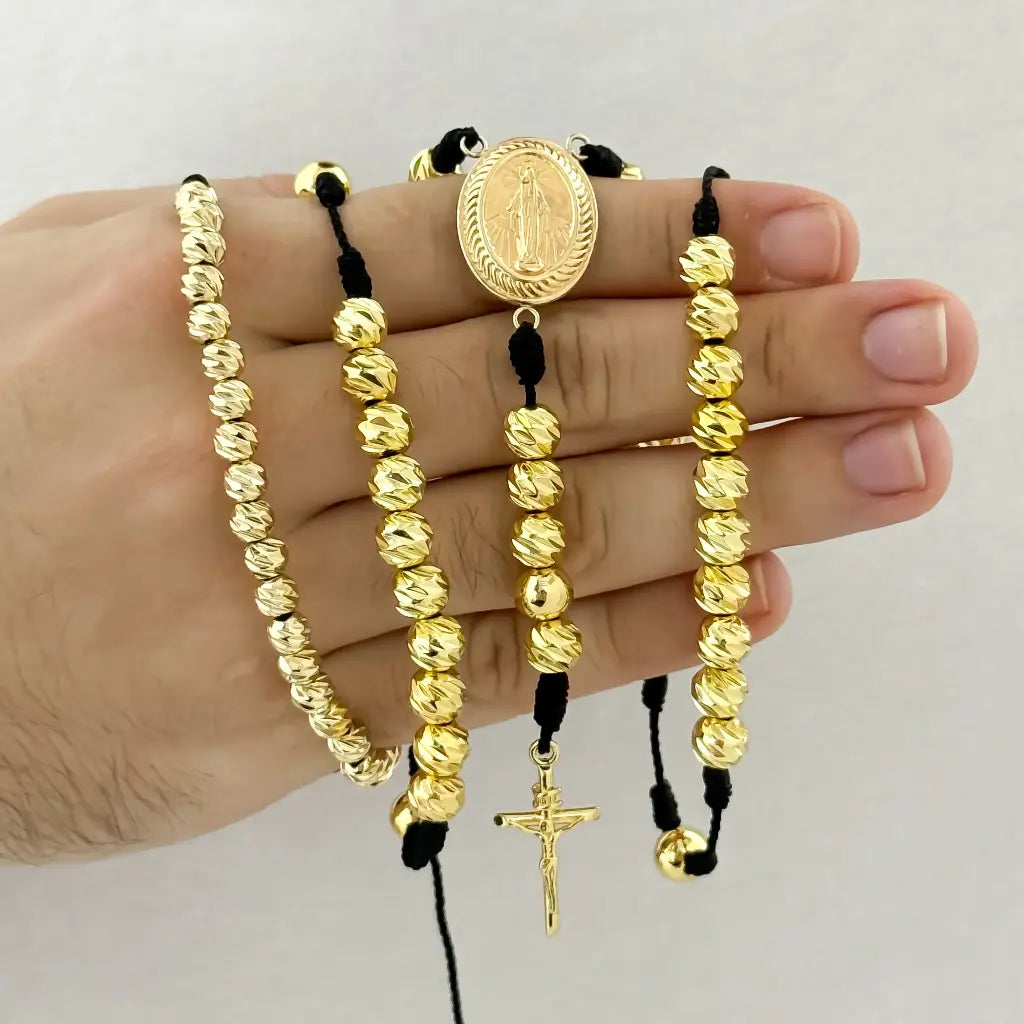 JUEGO DE CAMANDULA OROS AMARILLO BALIN DIAMANTADO 8MM -70CM + PULSERAS OROS AMARILLO BALIN DIAMANTADO 8MM EN BAÑO DE ORO DE 14K