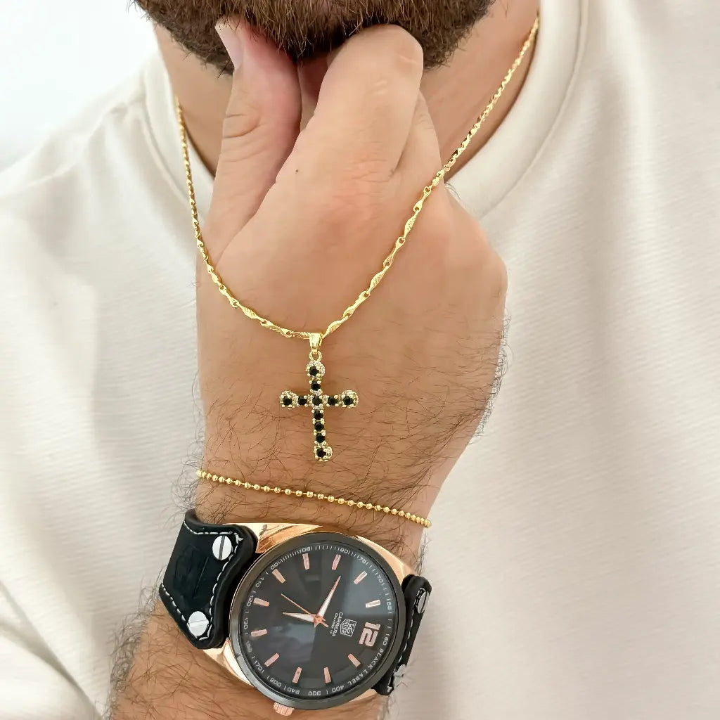 Cadena Tejido Canotillo 60cm + Cruz Cristo Negro + Pulsera Militar en Baño de Oro de 18k Reloj Carrera