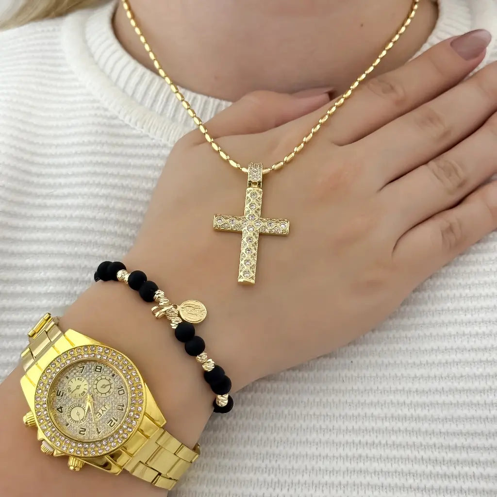 Cadena Tejido Militar de Dama 45cm + Cruz Circonia + Pulsera Balin Diamantado 4mm Virgen Guadalupe en Baño de Oro + Reloj de Alta gama Dama con Garantia