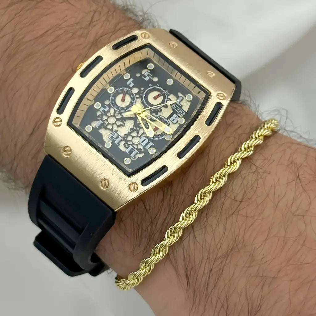 RELOJ RICHAR MILLE EN ORO AMARILLO + PULSERA LAZO SICILIANO EN BAÑ0 DE ORO DE 18K ,