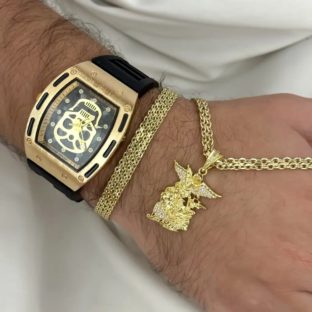 Juego de Caballero Cadena Tejido chino 60cm- 5mm + Pulsera 20cm -5mm en Baño de Oro de 18k + Reloj RICHAR MILLE