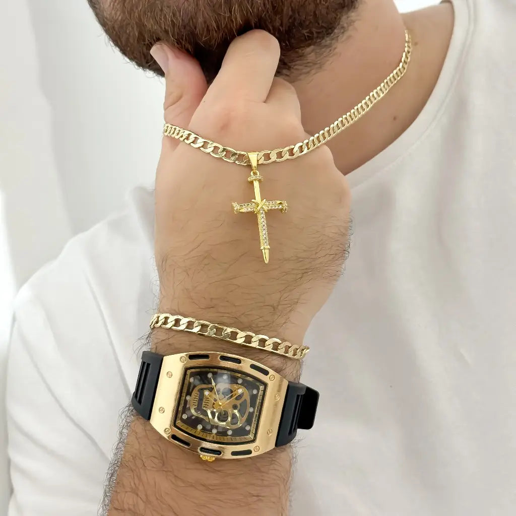 Juego de Cubana 60cm -5mm de Grosor + Cristo Clavo + Pulseras 20cm -5mm en Baño de Oro de 18k + Reloj Richar Mille
