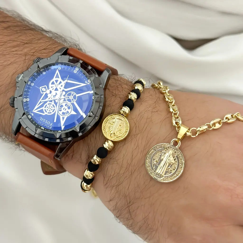Juego de San Benito Proteccion Cadena Tejido Gucci + Dije San Benito + Manilla San Benito en Baño de Oro de 18k con Garantia + Reloj Fossil con Garantia