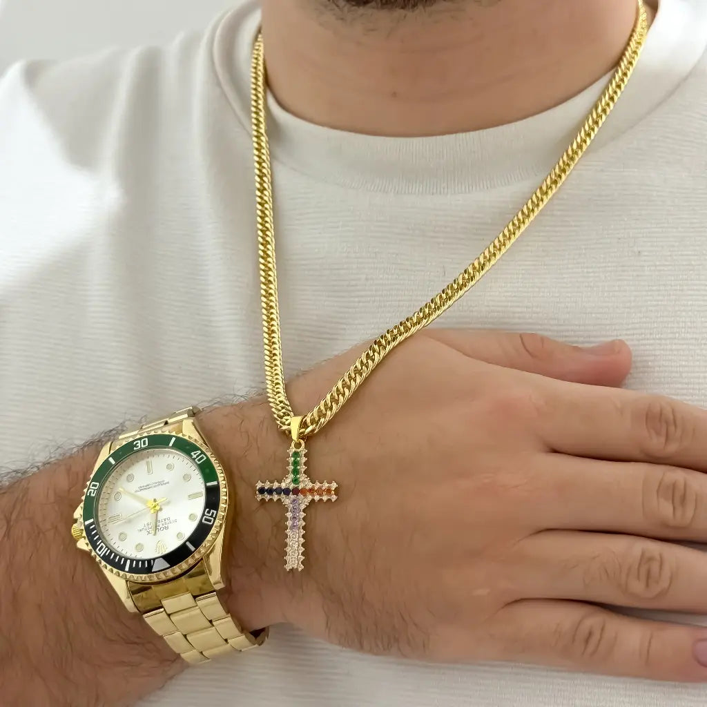 Cadena Cubana Cruzada 60cm gruesa + Cruz Cristo con micro Circones de Colores en Oro laminado 18k con Garantia de por vida + Reloj Rolex vicolor