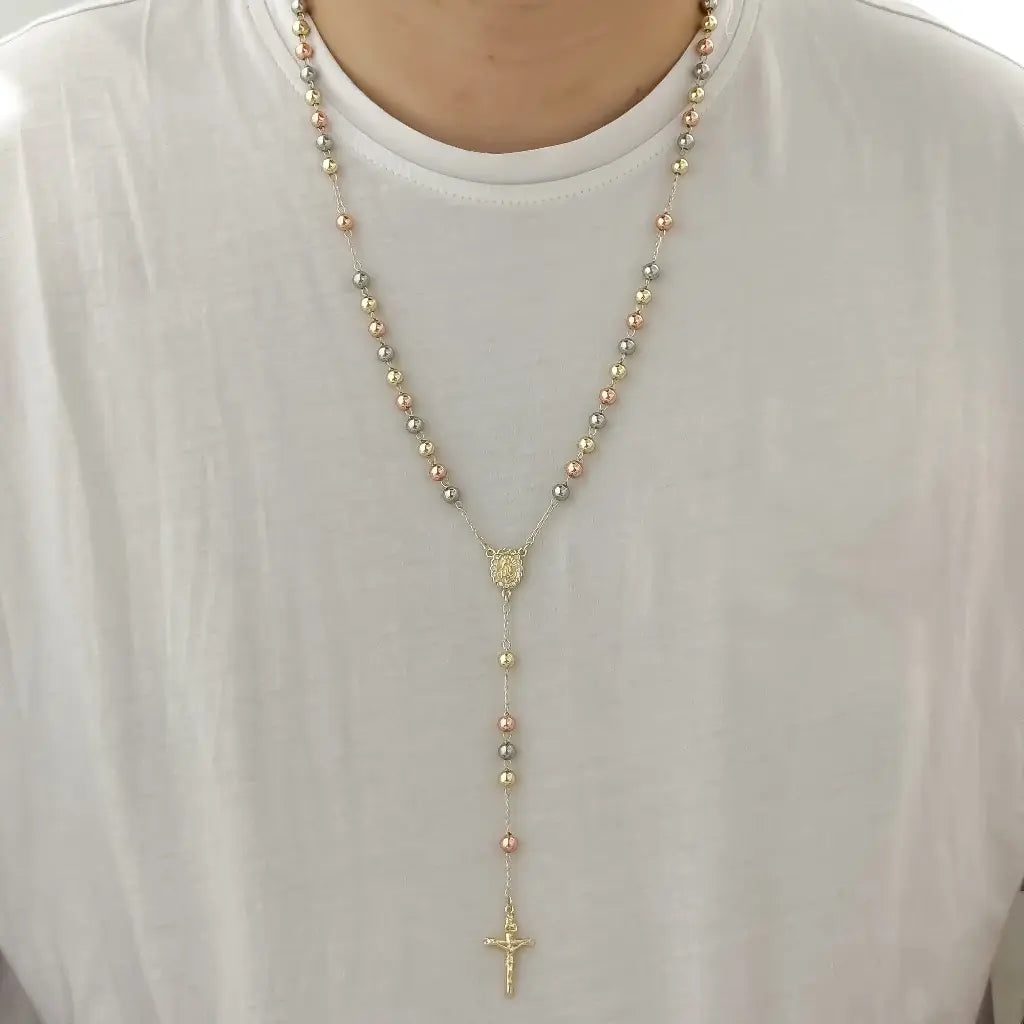Camándula de 3 Oros en 60cm-6mm de Grosor de Virgen de Guadalupe en Baño Oro de 18k