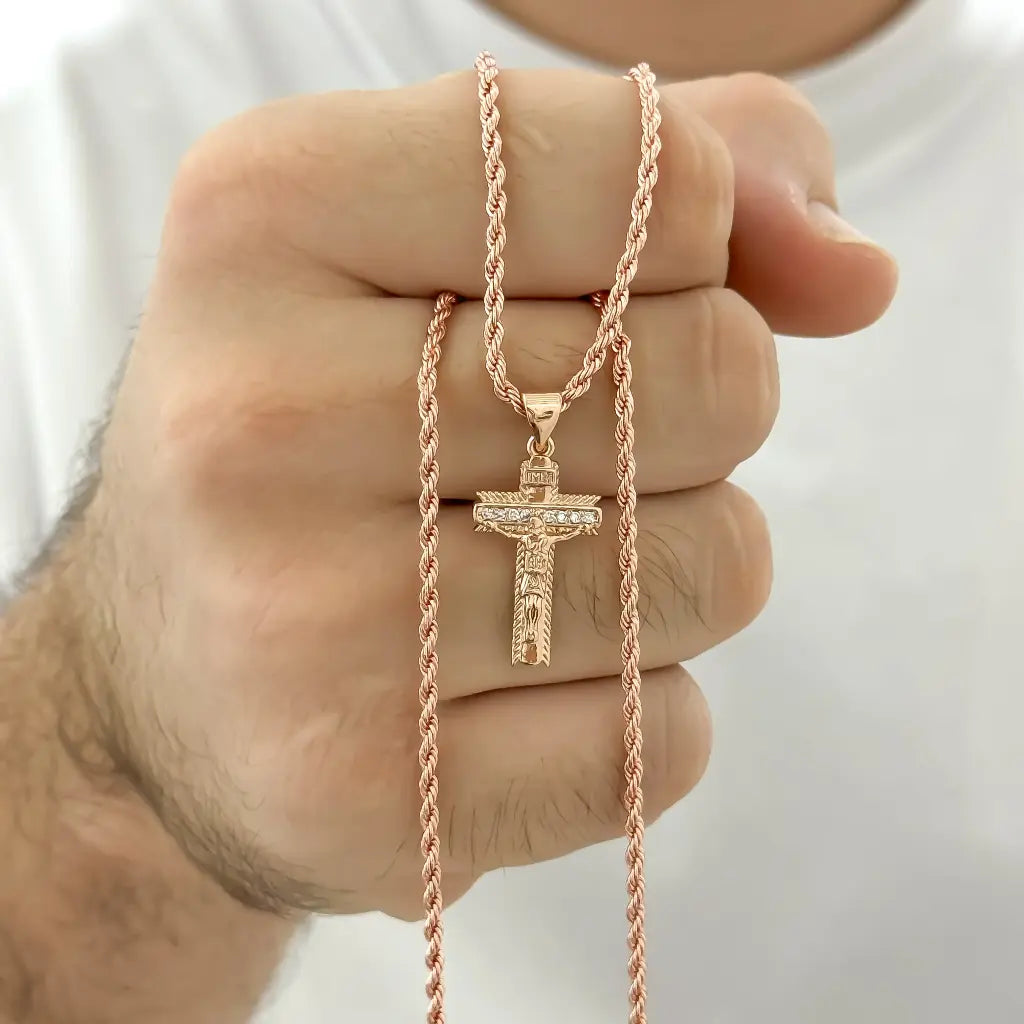 Cadena Oro Rosado Tejido Lazo 60cm-3mm + Cruz Cristo en Oro Laminado 18k