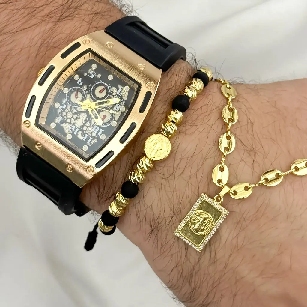 SET DE CADENA + MANILLA DE SAN BENITO PROTECION EN CADENA TEJIDO GUCCI EN ORO LAMINADO 24K CON GARANTIA + RELOJ RICHAR MILLE
