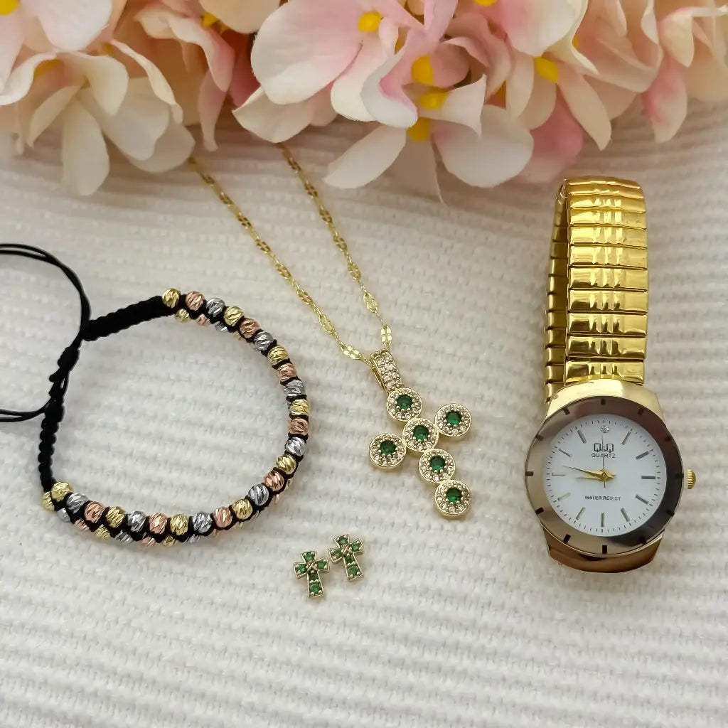 Juego para Dama Cadena Tejido Crispeta + Cruz Verde Esmeralda + Topo Verde + Pulsera Balin Italiano 4mm de 3 Oros en Oro Laminado 18k con Garantia de por vida + Reloj Q&Q