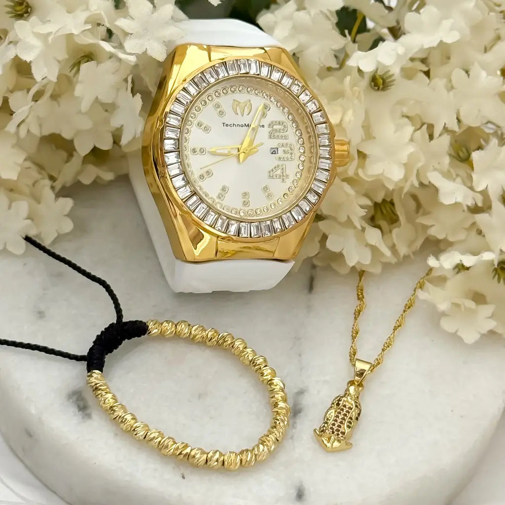 Juego Cadena Tejido Singapur + Virgen Guadalupe + Pulsera Balin 4mm en Baño de Oro de 18k con Garantia de por vida + reloj Tecno Marin