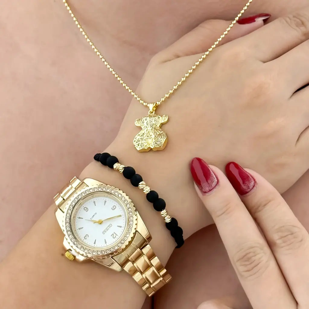 Conjunto para Dama Cadena Tejido Militar + Oso Circones + Pulseras Balin Italiano 4mm en Baño de Oro de 18k + Reloj Guess con Circones con Garantia de por vida