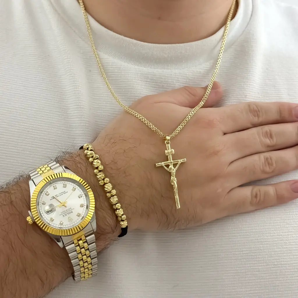 Cadena Tejido Chino Hombre 60cm + Cruz Madero Proteccion + Pulsera Balin Italiana 4mm de Grosor en Oro laminado 18k con Garantia de por vida + Reloj Rolex de de Alta Calidad con Garantia