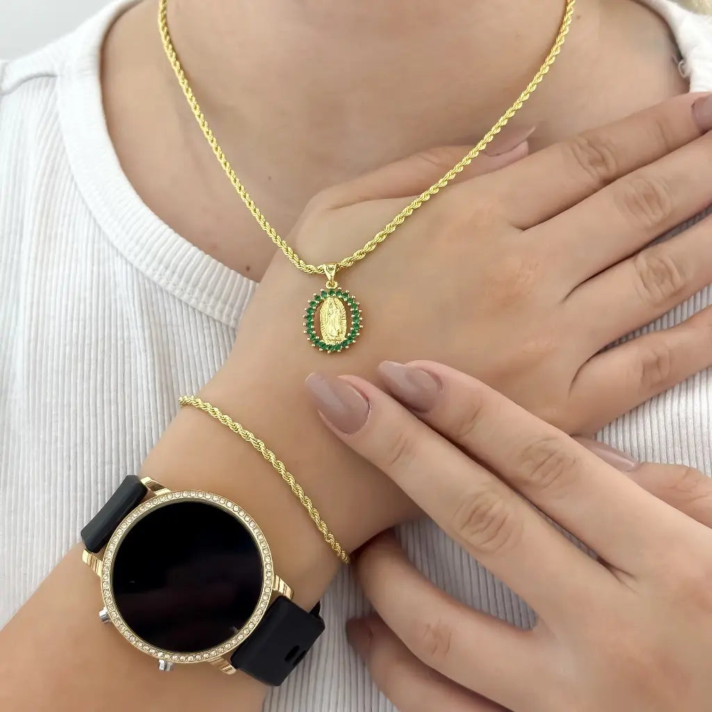 Juego de Cadena Lazo para Dama + Virgen Guadalupe + Pulsera Lazo + Reloj Led con Circones en Baño de Oro de 18k con Garantia de por vida