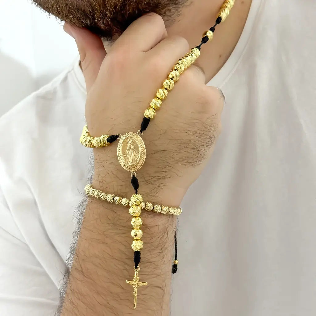 JUEGO DE CAMANDULA OROS AMARILLO BALIN DIAMANTADO 8MM -70CM + PULSERAS OROS AMARILLO BALIN DIAMANTADO 8MM EN BAÑO DE ORO DE 14K