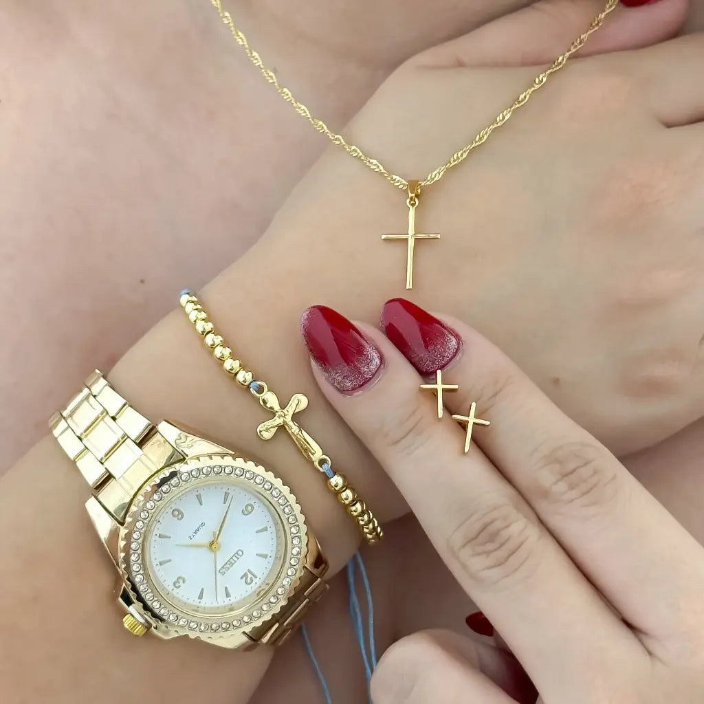 Conjunto Cruz para Dama Cadena Tejido Singapur Dije Cruz + Topo Cruz + Pulsera Cruz en Baño de Oro + Reloj Casio con Garantia
