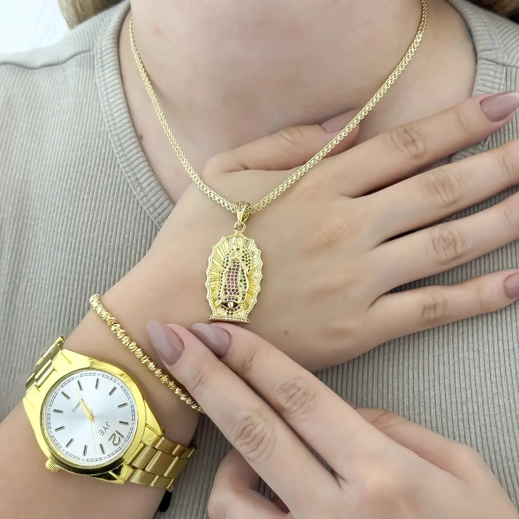 Cadena Tejido Chino + Virgen Guadalupe con Circones Tallada + pulsera Balin Italiano 4mm en Baño de Oro de 18k + Reloj de Alta Calidad