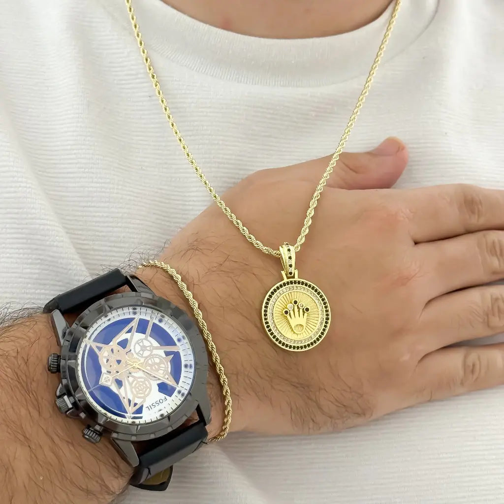 Conjunto Lazo Cadena 60cm -3mm + Dije de Rolex de Circones + Pulsera Lazo en Baño de Oro de 18k con Garantia de por vida + Reloj de Fossil