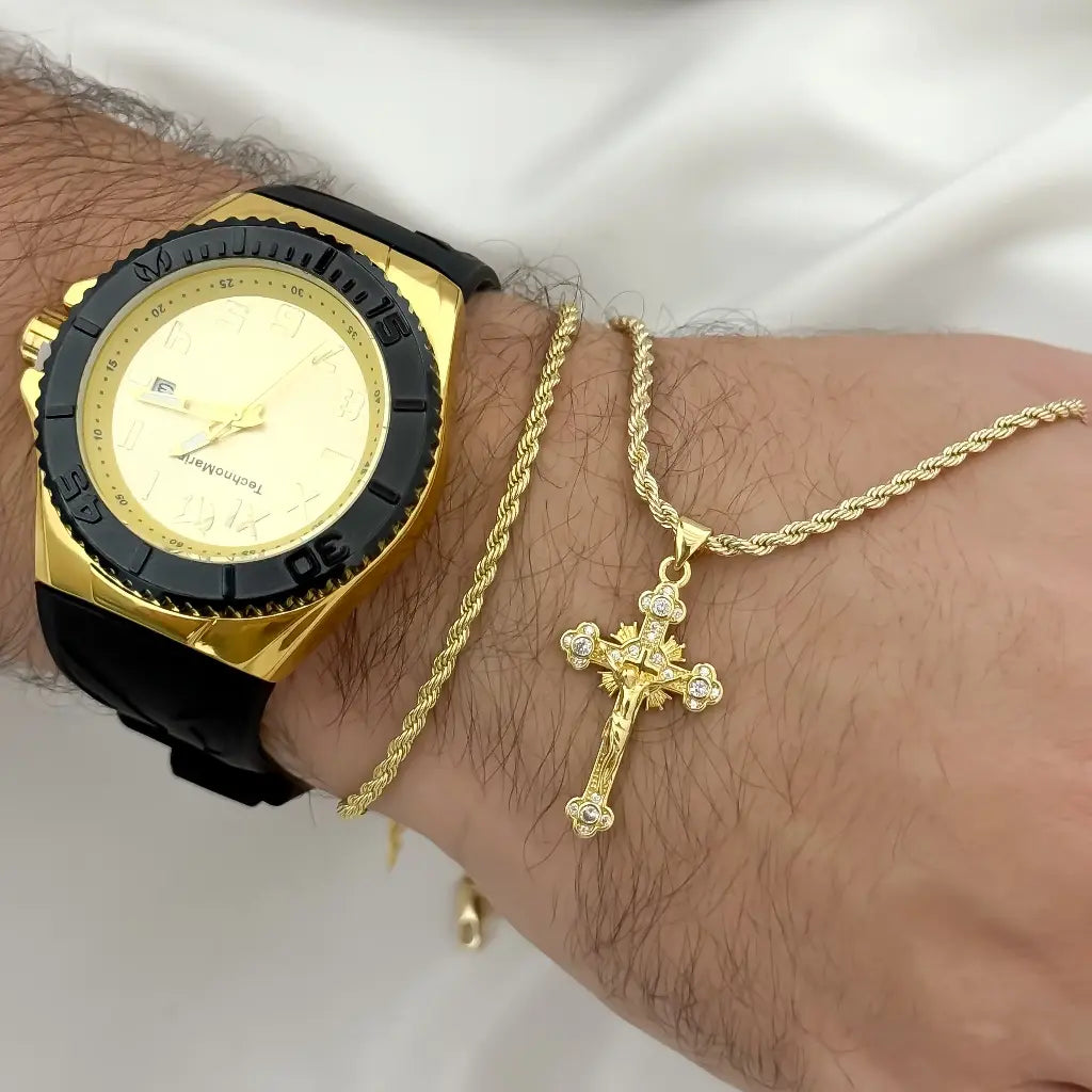 Conjunto Lazo Cadena 60cm + Pulsera Lazo + Cruz Madero en Baño de Oro de 18k + Reloj Technomarine