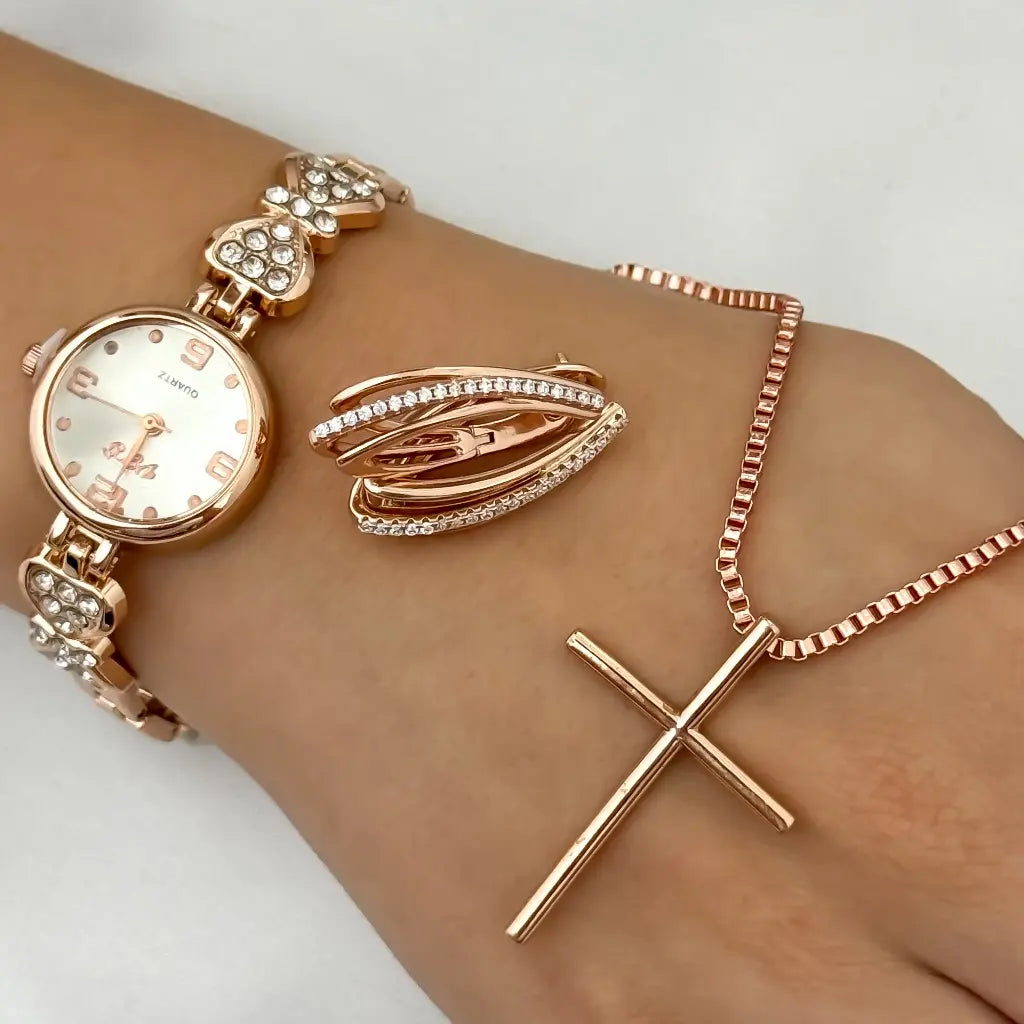 Conjunto para Dama Oro Rosa Cadena Veneciana de Dama 2mm + Cruz Rosado en Baño de Oro de 18k con Garantia +Candongas + Reloj Tipo Catier en Oro Rosa con Garantia