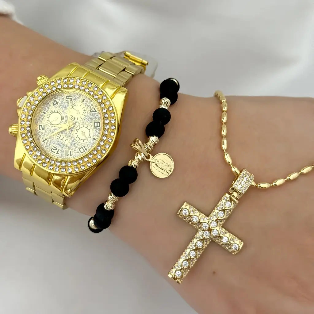 Cadena Tejido Militar de Dama 45cm + Cruz Circonia + Pulsera Balin Diamantado 4mm Virgen Guadalupe en Baño de Oro + Reloj de Alta gama Dama con Garantia