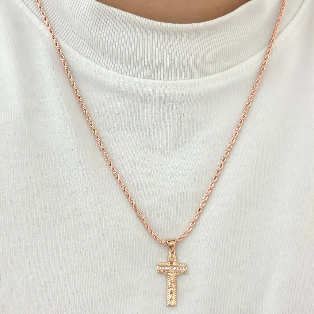 Cadena Oro Rosado Tejido Lazo 60cm-3mm + Cruz Cristo en Oro Laminado 18k