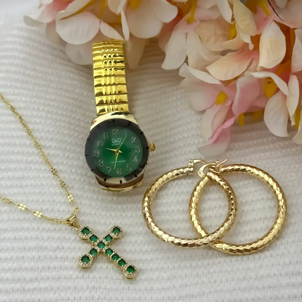 Cadena Tejido Crispeta +Cruz Verde Esmeralda con Micro Circones + Candongas con Destellos en Oro Laminado 18k + Reloj de Dama Alta Gama Q&Q con Garantia de por vida