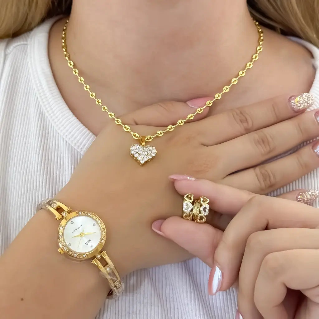 Cadena Tejido Gucci + Corazones Micro Circones + candongas Corazon en Oro Laminado 18k con Garantia de por vida + Reloj Q&Q con Garantia