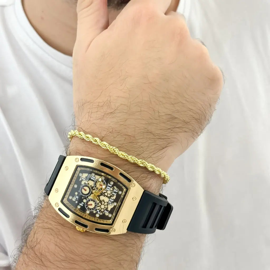 RELOJ RICHAR MILLE EN ORO AMARILLO + PULSERA LAZO SICILIANO EN BAÑ0 DE ORO DE 18K ,