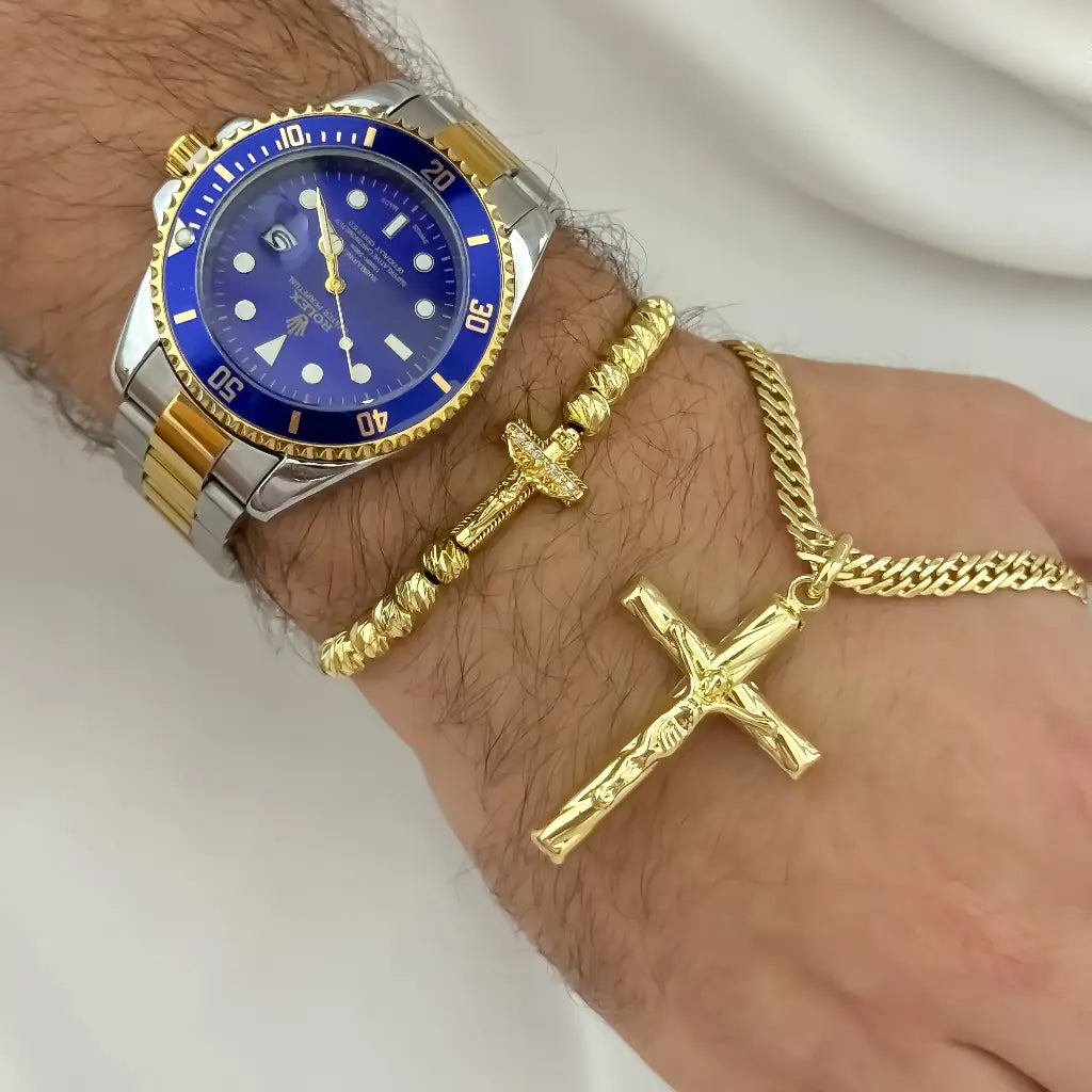 Juego de Cadena Cubana Cruzada 60cm + Cristo Madero + Pulsera Cristo Madero Balin italaino de 6mm en Oro Laminado 18k con Garantia de por vida + Reloj Rolex Replica 1.1 con Garantia