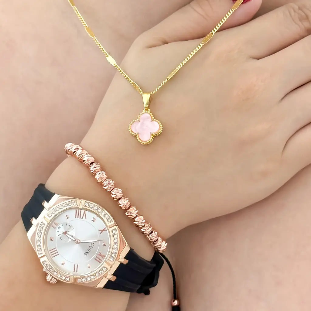 Conjunto de la Buena Suerte Cadena Trebol Oro Rosa + Pulsera Oro Rosa Balin Italiano + Reloj Guess en Baño de Oro de 18k con Garantia de por Vida