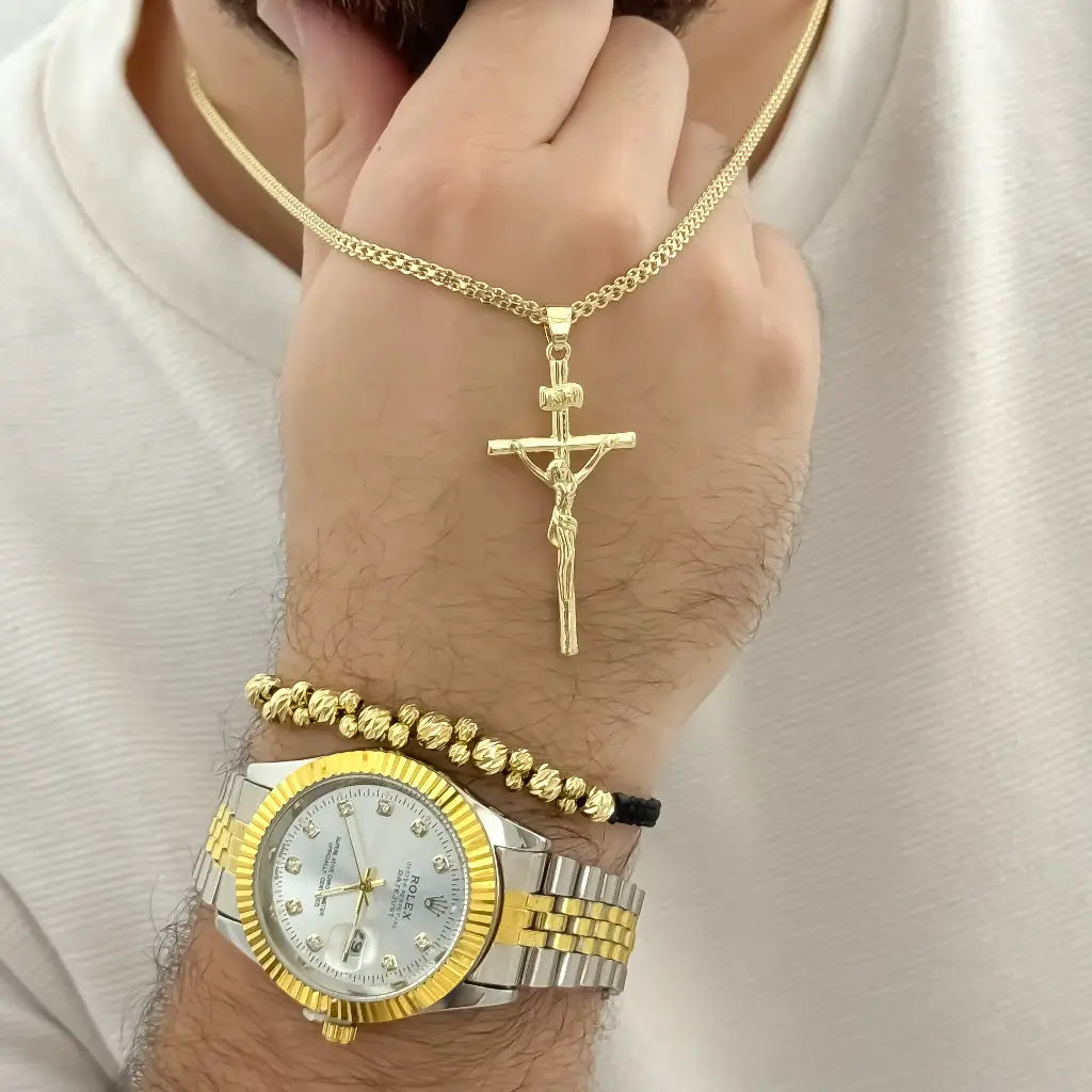 Cadena Tejido Chino Hombre 60cm + Cruz Madero Proteccion + Pulsera Balin Italiana 4mm de Grosor en Oro laminado 18k con Garantia de por vida + Reloj Rolex de de Alta Calidad con Garantia