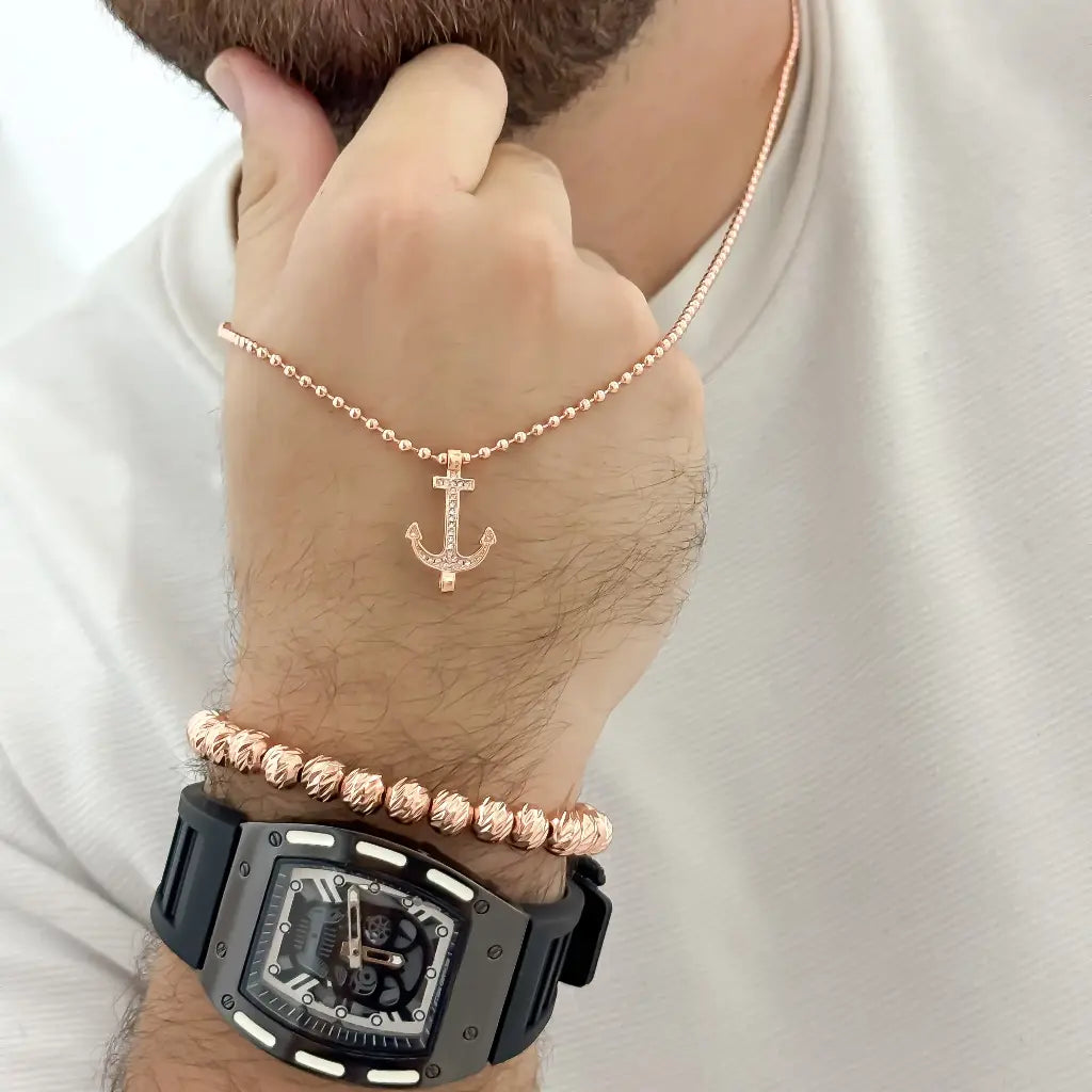 Conjunto Cadena Militar Rosada + Dije Ancla + Pulsera Balin Rosado Italiano 8mm en Baño de Oro de 18k + Reloj Richar Mille con Garantia