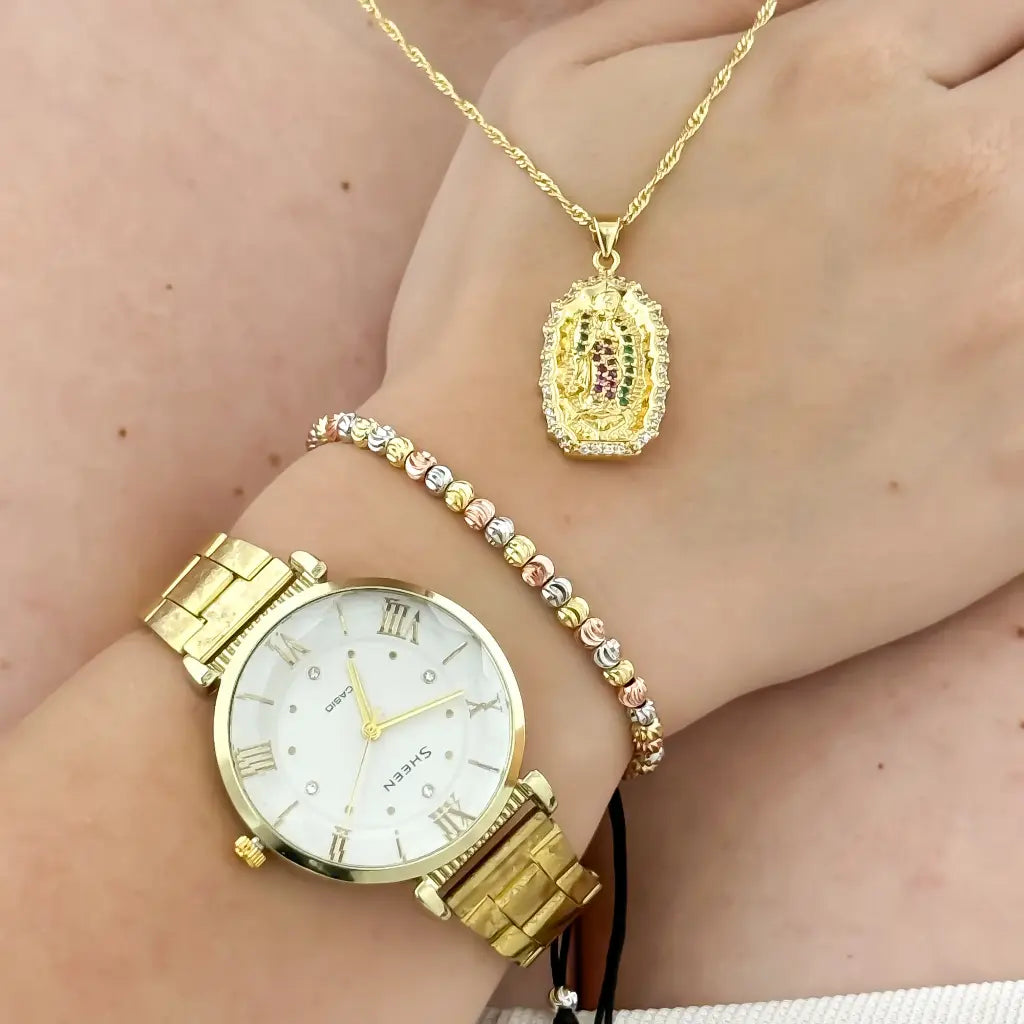 Cadena Tejido Singapur 45cm + Virgen Guadalupe + Pulsera 3 Oros Balin Italiano 4mm en Baño de Oro de 18k con Garantia de por vida + Reloj Casio con Garantia