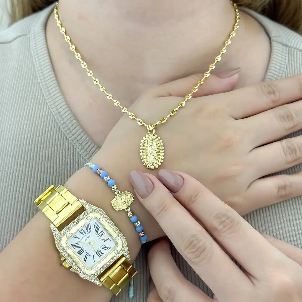 Conjunto Tejido Gucci 45cm + Virgen Guadalupe + Manilla Guadalupe + Reloj Tipo Catier en Baño de Oro de 18k