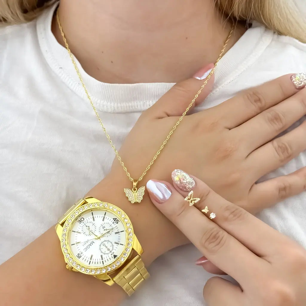 Juego de Cadena Tejido Singapur + Dije mariposa con Micro circones + Topos Mariposa + circone cristal en Oro laminado 18k + Reloj Magic en con Garantia de por vida
