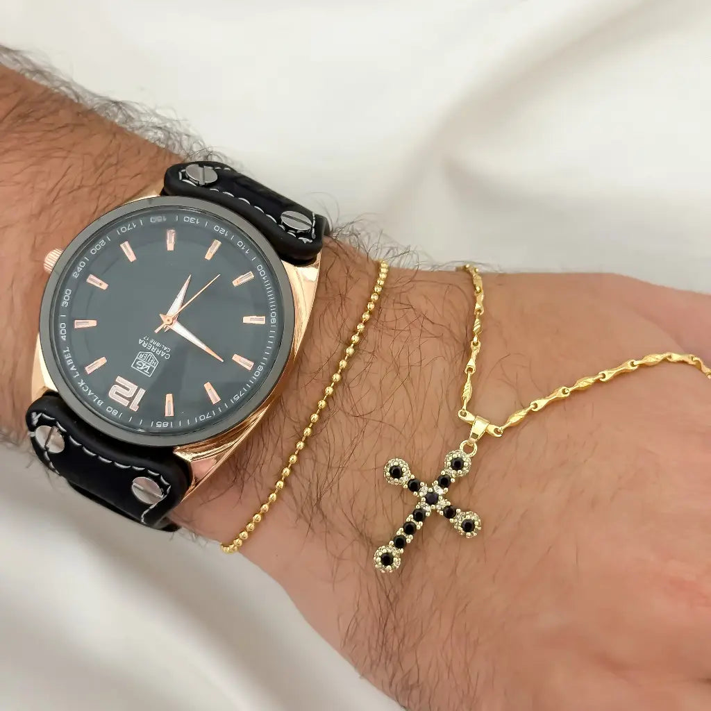 Cadena Tejido Canotillo 60cm + Cruz Cristo Negro + Pulsera Militar en Baño de Oro de 18k Reloj Carrera