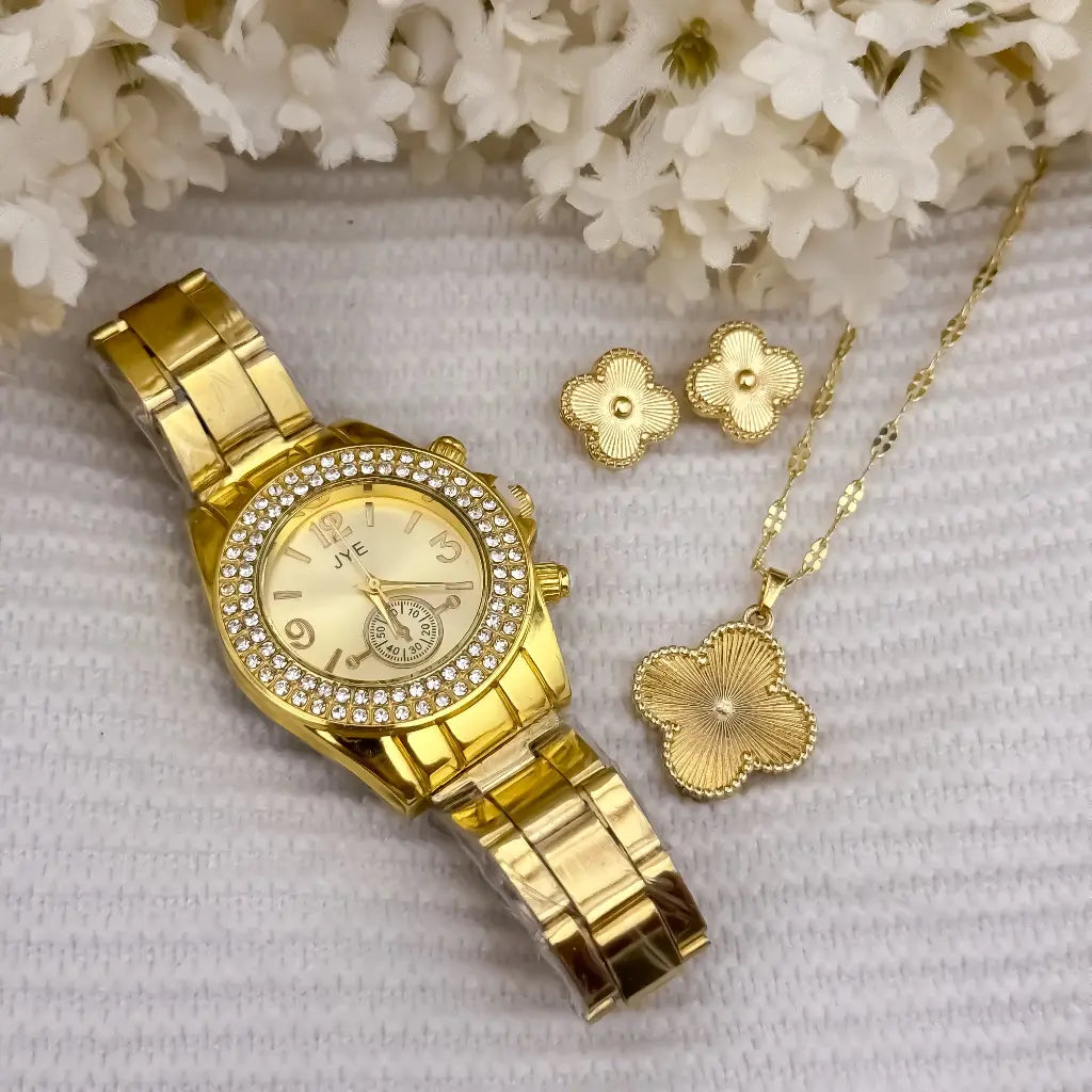 Cadena Tejido Crispeta de Dama de 45cm + Dije de Trebol de Suerte + Topo Trebol en Oro Laminado 18k con Garantia de por vida + Reloj de Alta Gama de JYE Garantizado