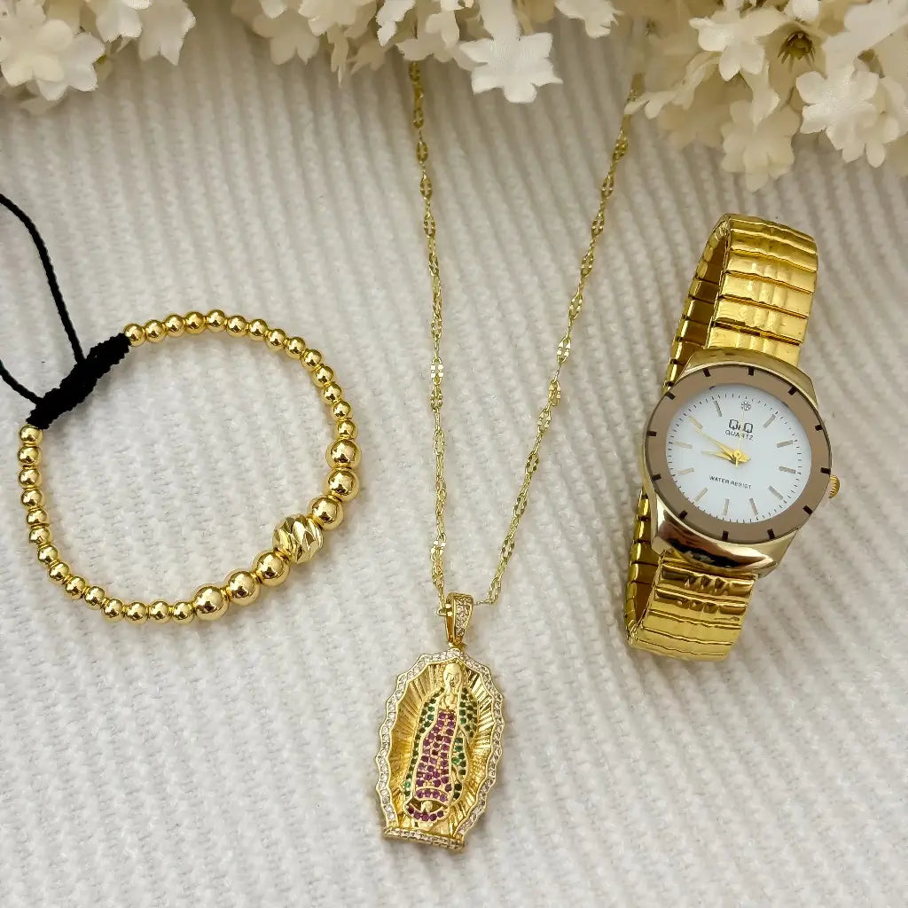 Cadena Tejido Crispeta + Virgen Guadalupe Talla con Micro Circones + Pulser Full Balines 4mm en Oro Laminado 18k + Reloj de Dama Alta Gama Q&Q con Garantia de por vida