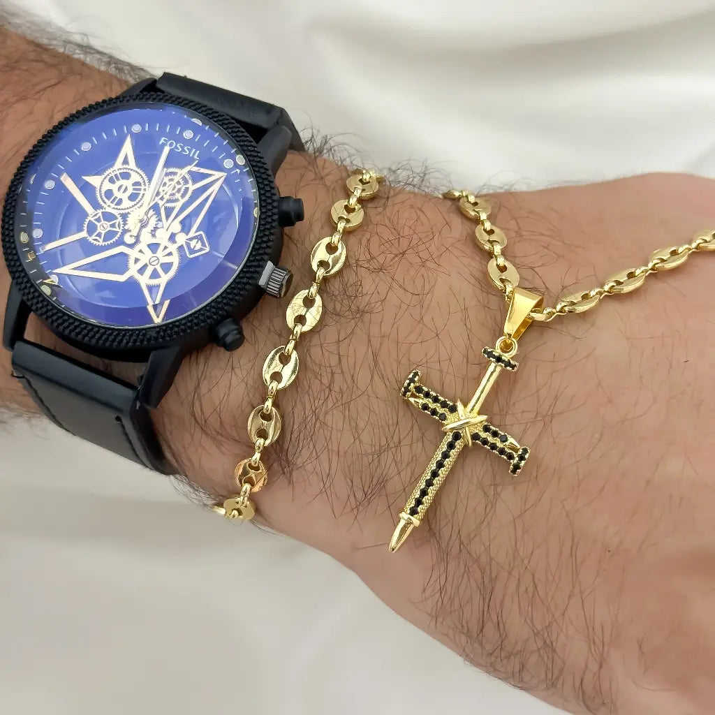 Conjunto Cadena Tejido Gucci + Cruz Clavo + Pulsera Clavo Baño de Oro de 18k + Reloj Fossil