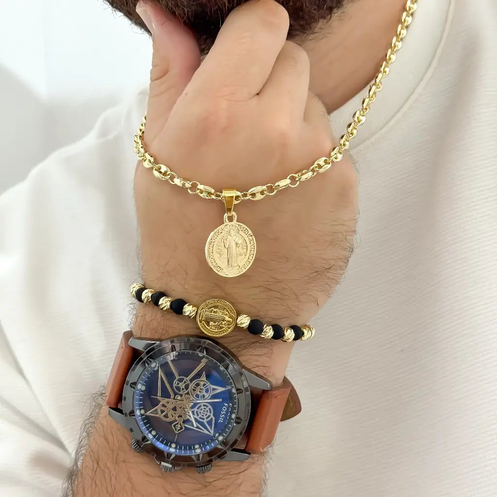 Juego de San Benito Proteccion Cadena Tejido Gucci + Dije San Benito + Manilla San Benito en Baño de Oro de 18k con Garantia + Reloj Fossil con Garantia